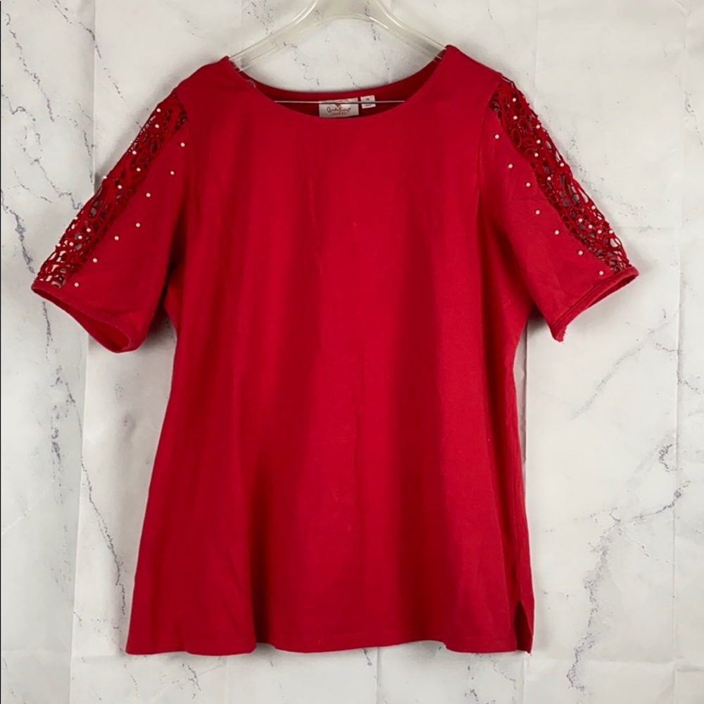 Quacker Factory Lace Sleeve Top with Faux Pearls